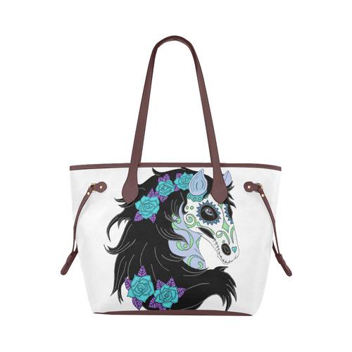 Sugar Skull Horse Turquoise Roses Saddle Brown Clover Canvas Tote Bag (Model 1661)