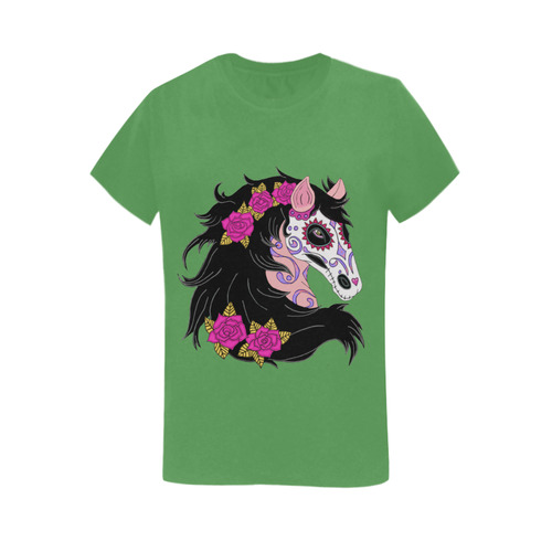 Sugar Skull Horse Pink Roses Lt Green Women's T-Shirt in USA Size (Two Sides Printing)