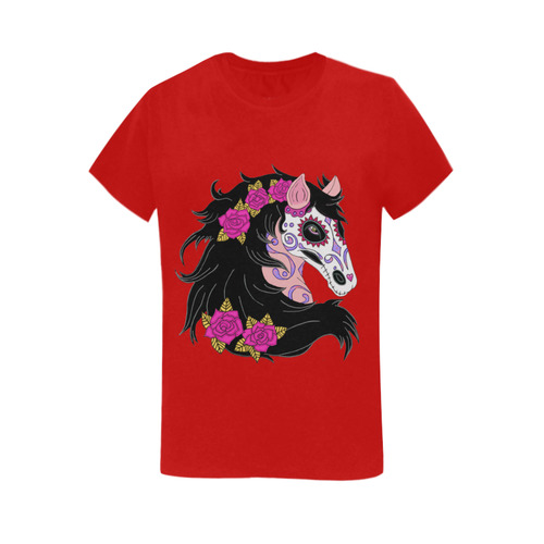 Sugar Skull Horse Pink Roses Red Women's T-Shirt in USA Size (Two Sides Printing)