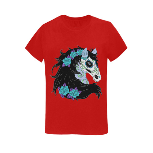 Sugar Skull Horse Turquoise Roses Red Women's T-Shirt in USA Size (Two Sides Printing)