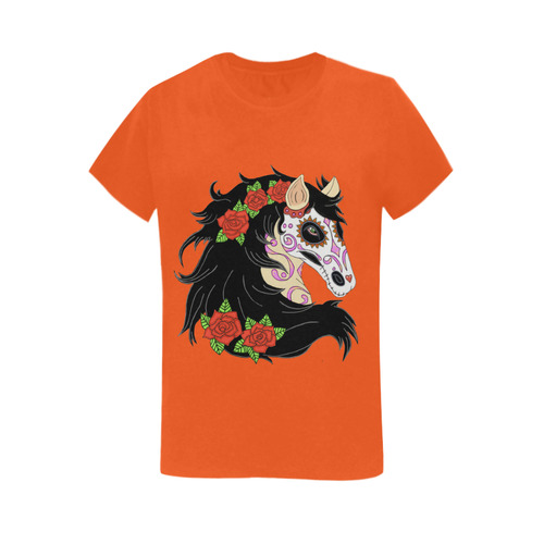 Sugar Skull Horse Red Roses Orange Women's T-Shirt in USA Size (Two Sides Printing)