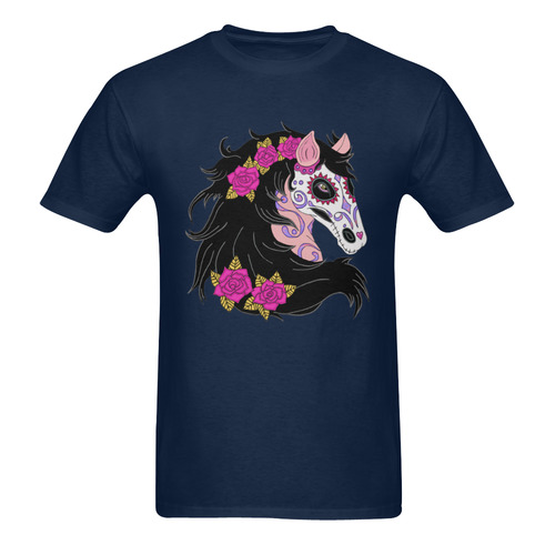 Sugar Skull Horse Pink Roses Dark Blue Men's T-Shirt in USA Size (Two Sides Printing)