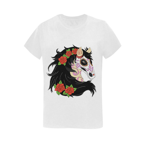 Sugar Skull Horse Red Roses White Women's T-Shirt in USA Size (Two Sides Printing)