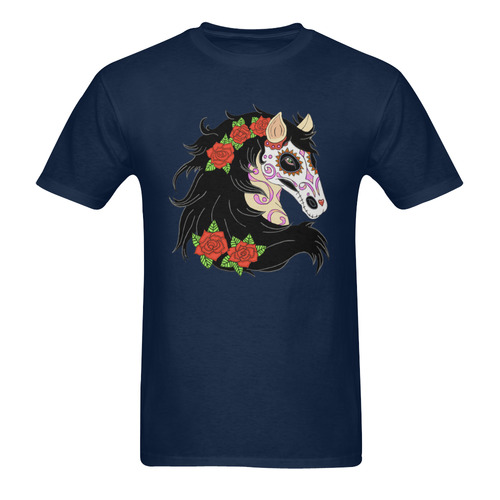 Sugar Skull Horse Red Roses Dark Blue Men's T-Shirt in USA Size (Two Sides Printing)