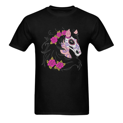 Sugar Skull Horse Pink Roses Black Men's T-Shirt in USA Size (Two Sides Printing)