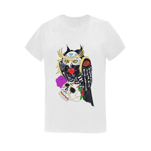 Owl Sugar Skull White Women's T-Shirt in USA Size (Two Sides Printing)