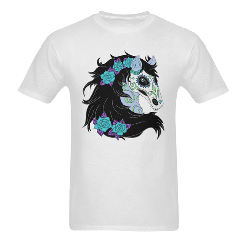 Sugar Skull Horse Turquoise Roses White Men's T-Shirt in USA Size (Two Sides Printing)