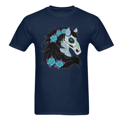 Sugar Skull Horse Turquoise Roses Dark Blue Men's T-Shirt in USA Size (Two Sides Printing)