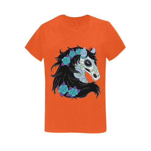Sugar Skull Horse Turquoise Roses Orange Women's T-Shirt in USA Size (Two Sides Printing)