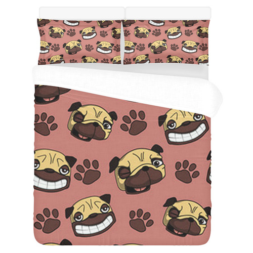 Happy Pugs Pattern 3-Piece Bedding Set