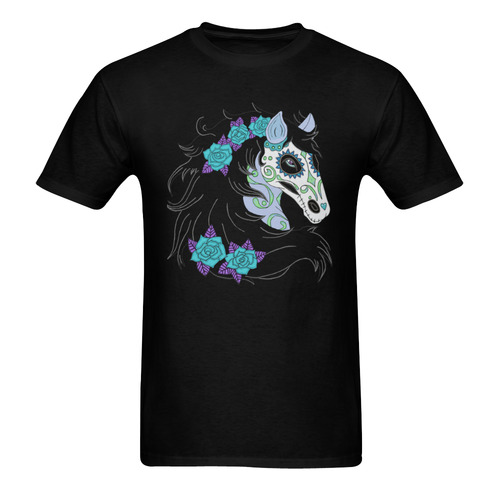 Sugar Skull Horse Turquoise Roses Black Men's T-Shirt in USA Size (Two Sides Printing)