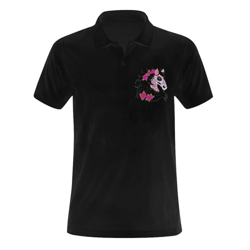 Sugar Skull Horse Pink Roses Black Men's Polo Shirt (Model T24)