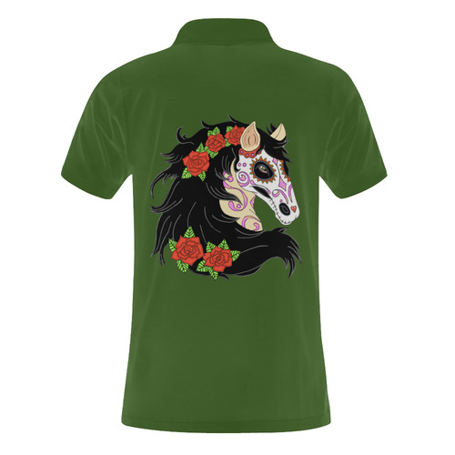 Sugar Skull Horse Red Roses Green Men's Polo Shirt (Model T24)