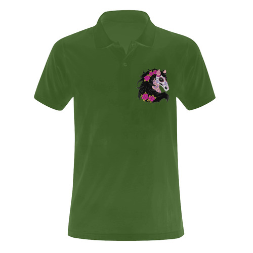 Sugar Skull Horse Pink Roses Green Men's Polo Shirt (Model T24)