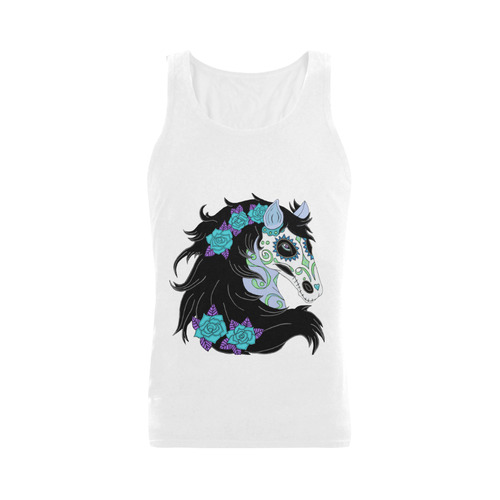 Sugar Skull Horse Turquoise Roses White Men's Shoulder-Free Tank Top (Model T33)