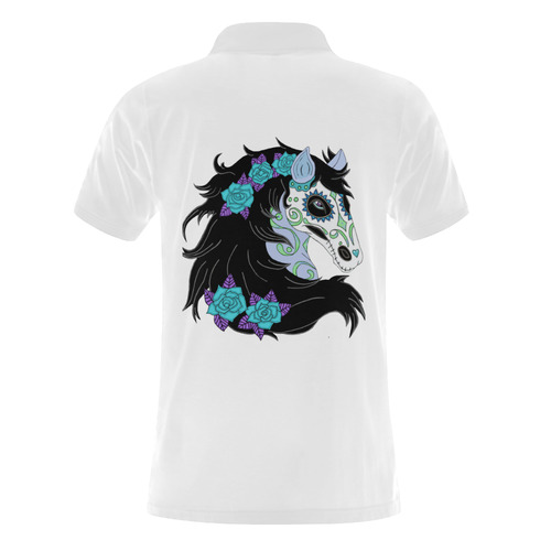 Sugar Skull Horse Turquoise Roses White Men's Polo Shirt (Model T24)
