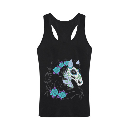 Sugar Skull Horse Turquoise Roses Black Men's I-shaped Tank Top (Model T32)