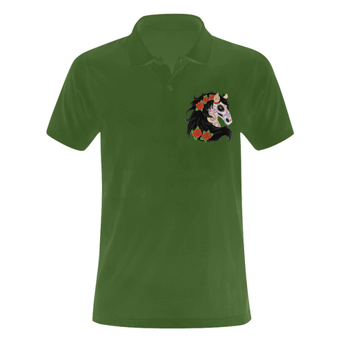 Sugar Skull Horse Red Roses Green Men's Polo Shirt (Model T24)