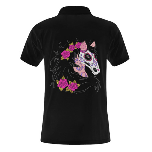 Sugar Skull Horse Pink Roses Black Men's Polo Shirt (Model T24)