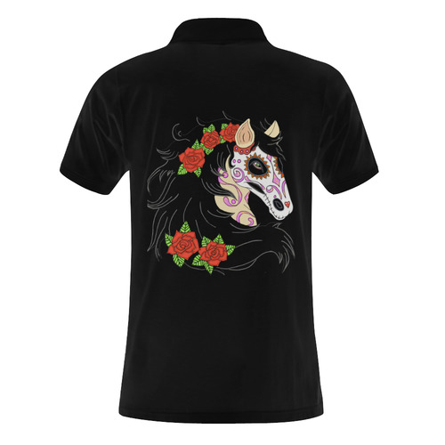 Sugar Skull Horse Red Roses Black Men's Polo Shirt (Model T24)