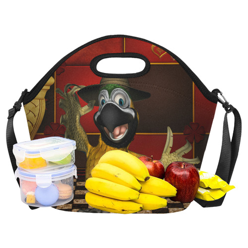 Funny parrot with summer hat Neoprene Lunch Bag/Large (Model 1669)