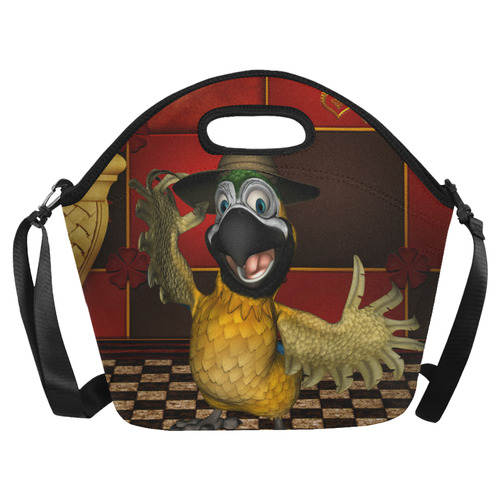 Funny parrot with summer hat Neoprene Lunch Bag/Large (Model 1669)