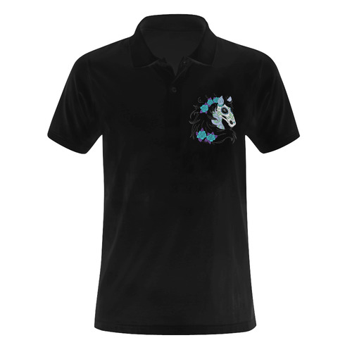 Sugar Skull Horse Turquoise Roses Black Men's Polo Shirt (Model T24)