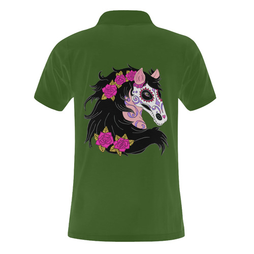 Sugar Skull Horse Pink Roses Green Men's Polo Shirt (Model T24)