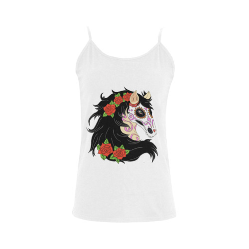 Sugar Skull Horse Red Roses White Women's Spaghetti Top (USA Size) (Model T34)