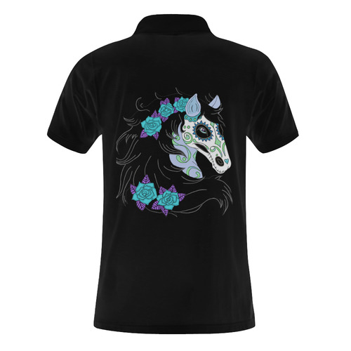Sugar Skull Horse Turquoise Roses Black Men's Polo Shirt (Model T24)