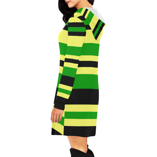 Jamaican Inspired Yellow, Black and Green Stripes All Over Print Hoodie Mini Dress (Model H27)