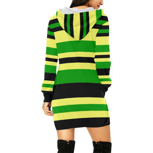 Jamaican Inspired Yellow, Black and Green Stripes All Over Print Hoodie Mini Dress (Model H27)