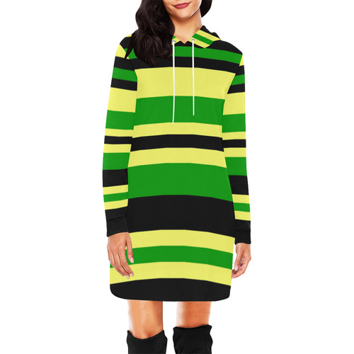 Jamaican Inspired Yellow, Black and Green Stripes All Over Print Hoodie Mini Dress (Model H27)