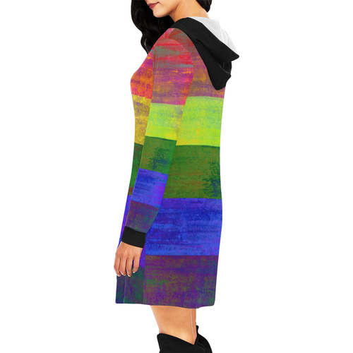 Rainbow Flag Colored Stripes Dark Grunge All Over Print Hoodie Mini Dress (Model H27)