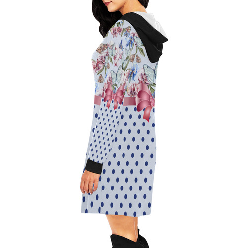 Watercolor Flowers Butterflies Polka Dots Ribbon B All Over Print Hoodie Mini Dress (Model H27)