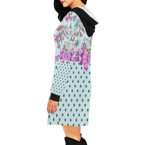 Watercolor Flowers Butterflies Polka Dots Ribbon T All Over Print Hoodie Mini Dress (Model H27)