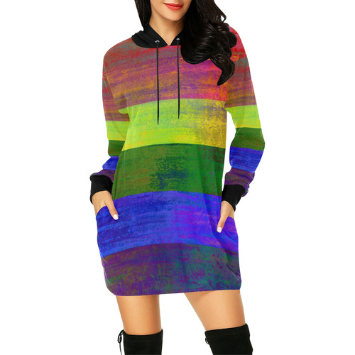 Rainbow Flag Colored Stripes Dark Grunge All Over Print Hoodie Mini Dress (Model H27)
