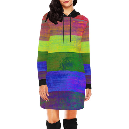 Rainbow Flag Colored Stripes Dark Grunge All Over Print Hoodie Mini Dress (Model H27)