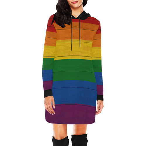 Rainbow Flag Colored Stripes Wood All Over Print Hoodie Mini Dress (Model H27)