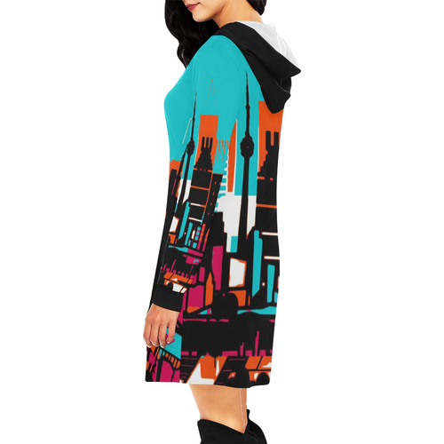 architecture skyline teal black orange All Over Print Hoodie Mini Dress (Model H27)