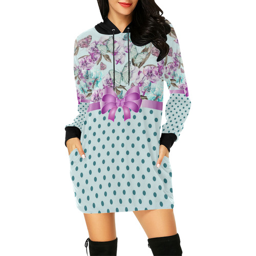 Watercolor Flowers Butterflies Polka Dots Ribbon T All Over Print Hoodie Mini Dress (Model H27)