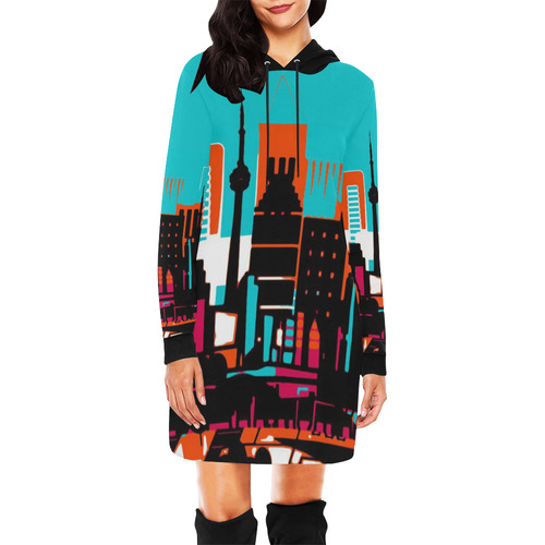 architecture skyline teal black orange All Over Print Hoodie Mini Dress (Model H27)