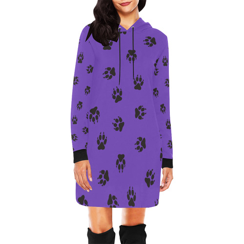 Footprints DOG black on clear background All Over Print Hoodie Mini Dress (Model H27)