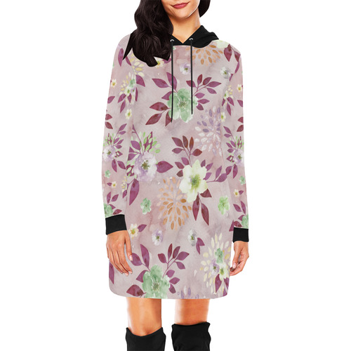 Watercolor Spring Flowers Pattern plum green All Over Print Hoodie Mini Dress (Model H27)