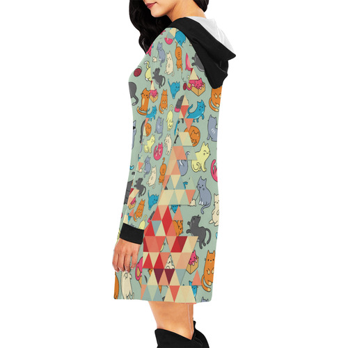 Hipster Triangles and Funny Cats Cut Pattern All Over Print Hoodie Mini Dress (Model H27)