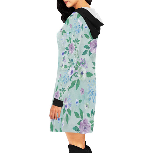 Watercolor Spring Flowers Pattern cyan lilac All Over Print Hoodie Mini Dress (Model H27)