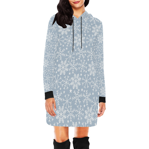 Snowflakes Stars pattern White Blue All Over Print Hoodie Mini Dress (Model H27)
