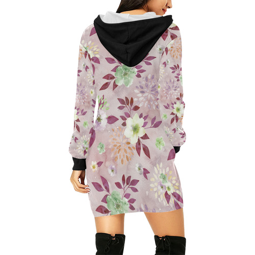 Watercolor Spring Flowers Pattern plum green All Over Print Hoodie Mini Dress (Model H27)