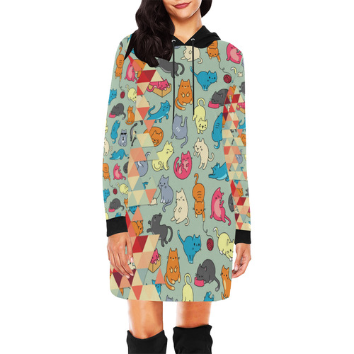 Hipster Triangles and Funny Cats Cut Pattern All Over Print Hoodie Mini Dress (Model H27)