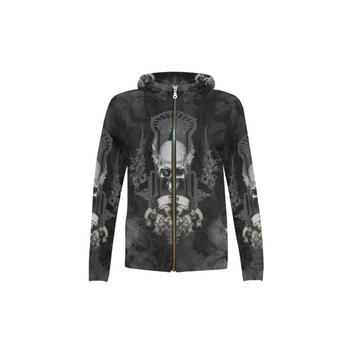 Skull with crow in black and white All Over Print Full Zip Hoodie for Kid (Model H14)